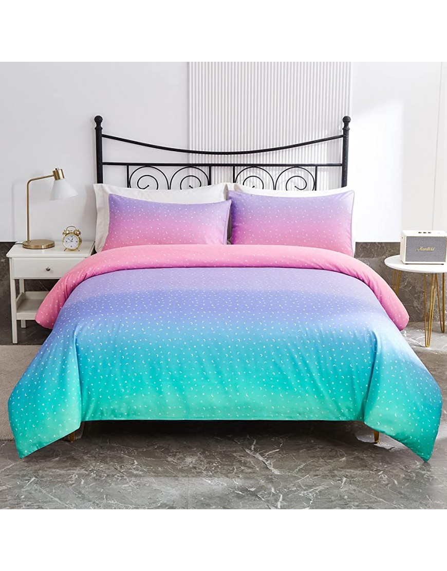 Akkialla Pastel Duvet Cover Set Twin Size 3-Piece Rainbow Ombre Bedding with Cute Star Moon Patterns for Kids Girls Super Soft and Breathable Microfiber Fabric 1 Duvet Cover & 2 Pillowcase - BK7E63T96