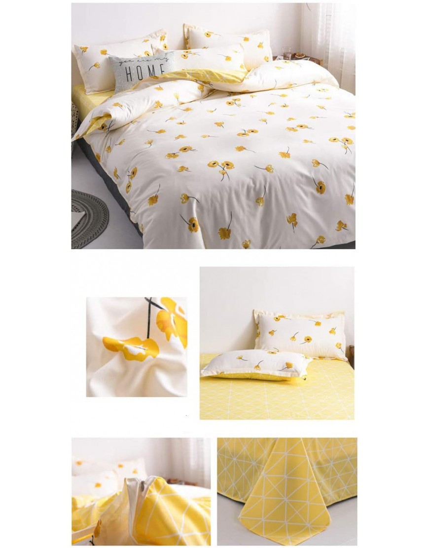 Botanical Duvet Cover Full Yellow Flowers and Grid Floral Garden Pattern Printed on Cream White Bedding Set,Blossom Kawaii Reversible Kids Bedroom Comforter Cover for Teen Toddler,Lightweight,Zipper - BIA0Z1NBI