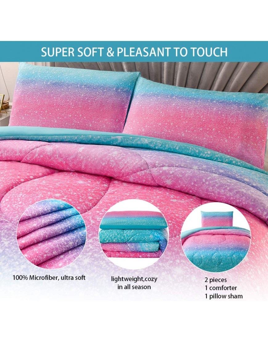 JQinHome Twin Gradient Glitter Comforter Sets 3D Colorful Duvet Pink Rainbow Themed Bedding All-Season Reversible Quilted Duvet for Girls Teen Kids Women Includes 1 Comforter 1 Pillowcase - B2BBN438S