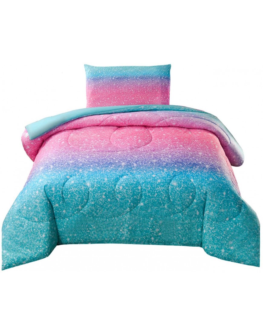 JQinHome Twin Gradient Glitter Comforter Sets  3D Colorful Duvet Pink Rainbow Themed Bedding All-Season Reversible Quilted Duvet for Girls Teen Kids Women Includes 1 Comforter 1 Pillowcase - B2BBN438S