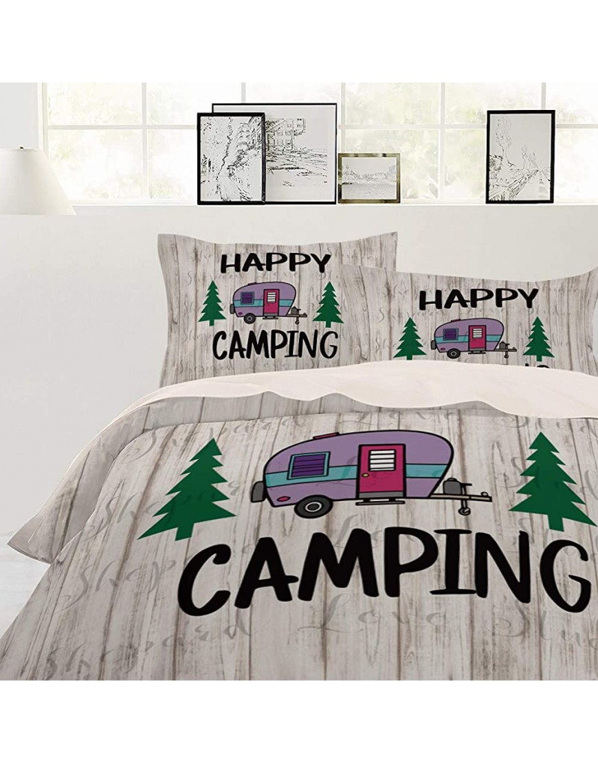 Luxury 4 Piece Bedding Set Queen Size Happy Camping on Rustic Wooden Plank Duvet Comforter Quilt Cover Set with Bed Sheet Pillow Shams for Kids Teens Adults School - B3MMTYVH1