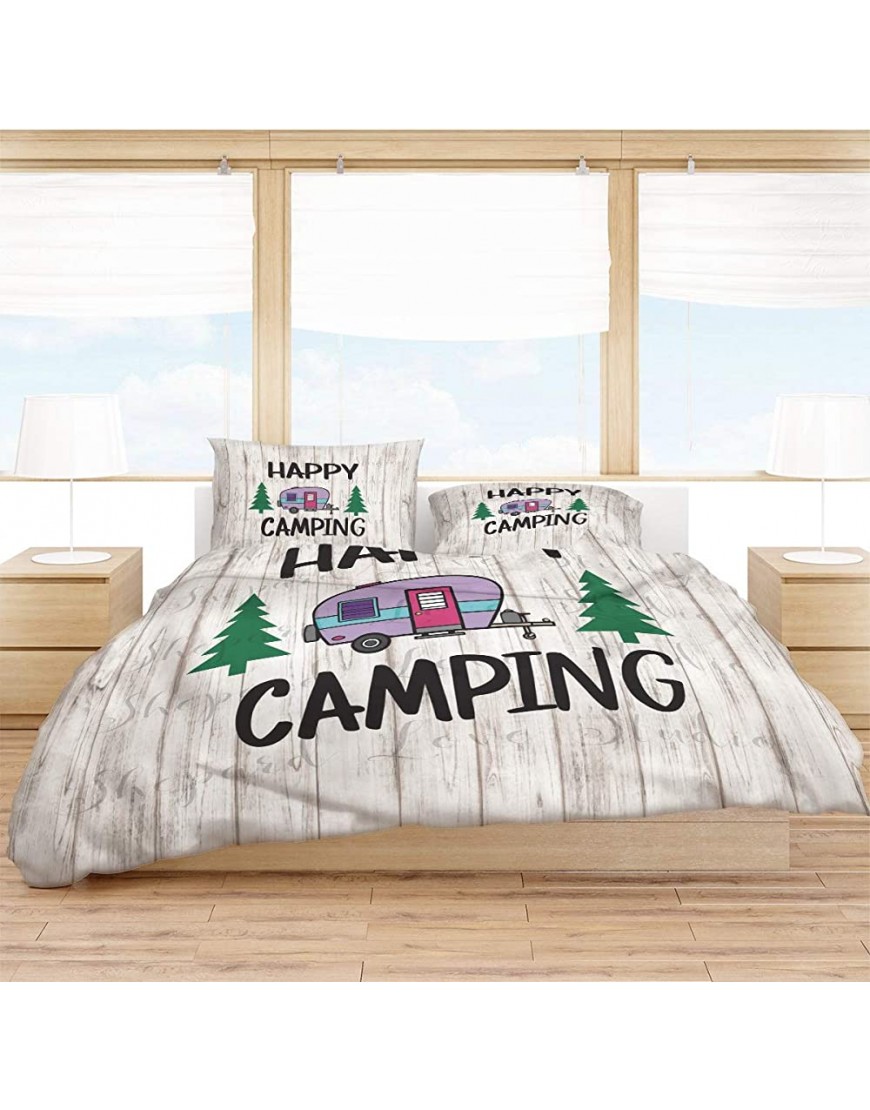 Luxury 4 Piece Bedding Set Queen Size Happy Camping on Rustic Wooden Plank Duvet Comforter Quilt Cover Set with Bed Sheet Pillow Shams for Kids Teens Adults School - BDWQCRAVK