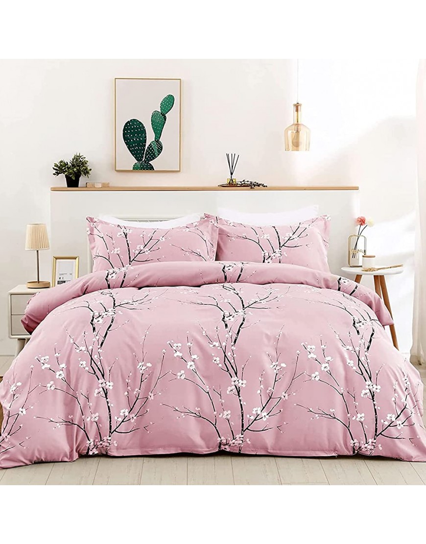Pink Floral Duvet Cover Set Queen Reversible Flower Plum Blossom Printed Comforter Cover Set with 2 Pillowcases 3 Pieces Bedding Set 100% Soft Microfiber Queen Size 90"x90"Not Comforter - BD0Y6RZ6Q