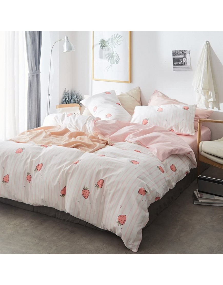Pink Strawberry Duvet Cover Kids Girl Kawaii Print Bedding Set Queen 1 Duvet Cover with 2 Pillowcases Cotton Strawberry Comforter Cover Lovely Soft Full Bedding Set with Zipper and Corner Ties - B3VHDRFR0