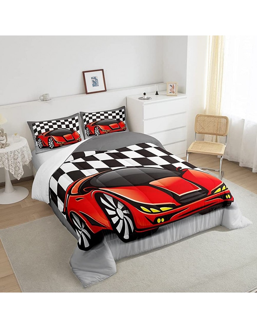 Racing Car Comforter Set Cool Speed Race Car Down Comforter Twin Size for Kids Boys Girls Teens Bedroom Automobile Extreme Sport Quilted Duvet Grid Buffalo Duvet Insert with 1 Pillow Cases - BN94K4I4B