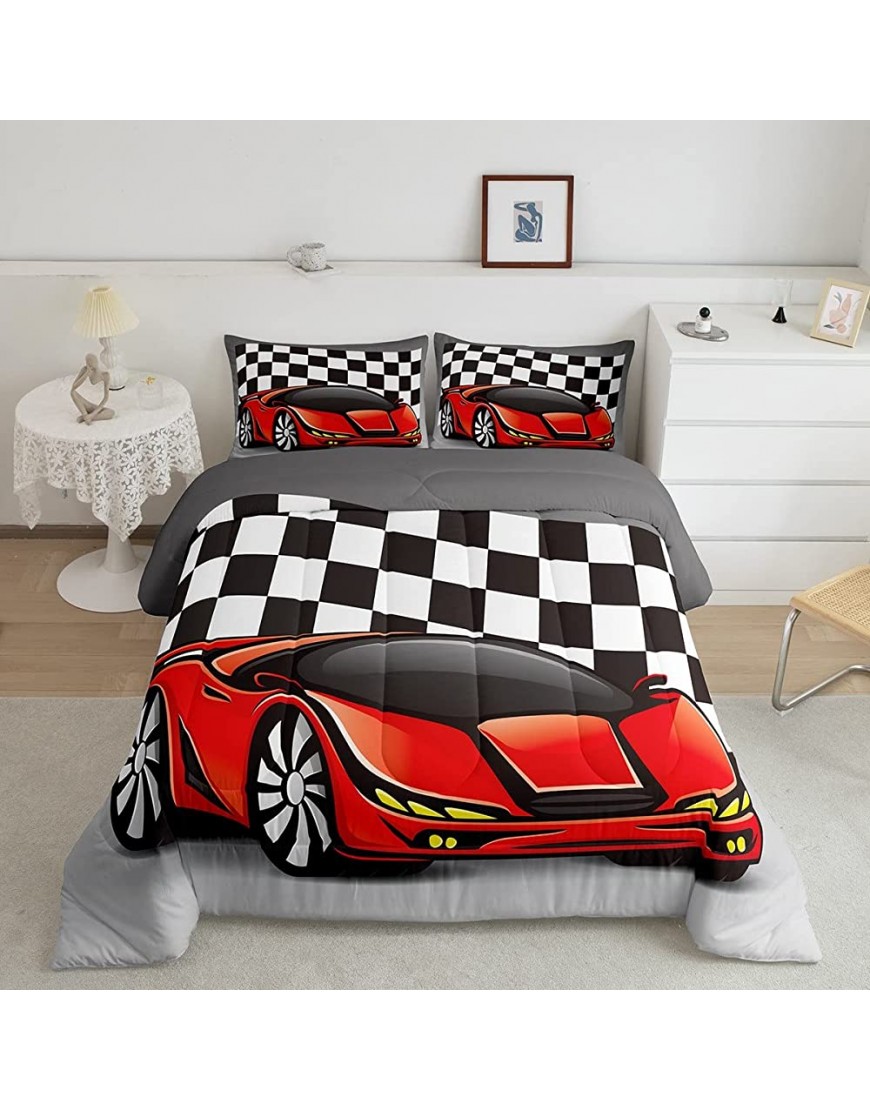 Racing Car Comforter Set Cool Speed Race Car Down Comforter Twin Size for Kids Boys Girls Teens Bedroom Automobile Extreme Sport Quilted Duvet Grid Buffalo Duvet Insert with 1 Pillow Cases - BN94K4I4B