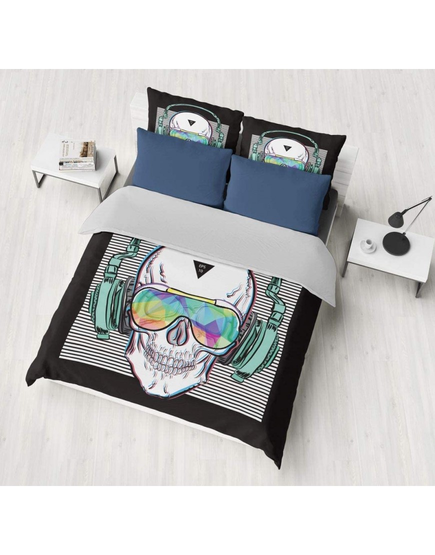 SHOMPE Music Skull Bedding Sets Full Size Kids White Stripes Punk Rocker Headphones Skull Duvet Cover Set with Pillowcases for Teens Boys Girls,NO Comforter - BNFC0WMO7