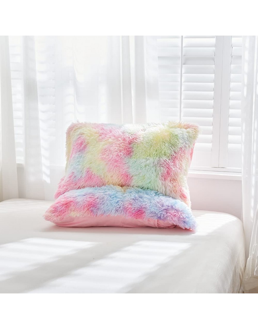 SUCSES Pink Plush Shaggy Duvet Cover Twin Size Rainbow Tie Dye Faux Fur Bedding Set for Teens Girls Super Soft Fluffy Fuzzy Ombre Comforter Cover Set Pastel Pink Twin Size - BU8CXST2R