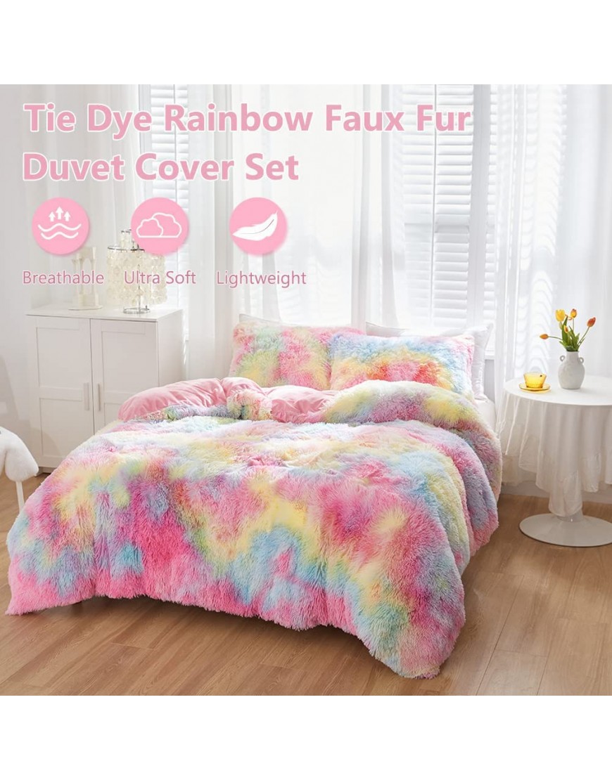 SUCSES Pink Plush Shaggy Duvet Cover Twin Size Rainbow Tie Dye Faux Fur Bedding Set for Teens Girls Super Soft Fluffy Fuzzy Ombre Comforter Cover Set Pastel Pink Twin Size - BXYIQ746M