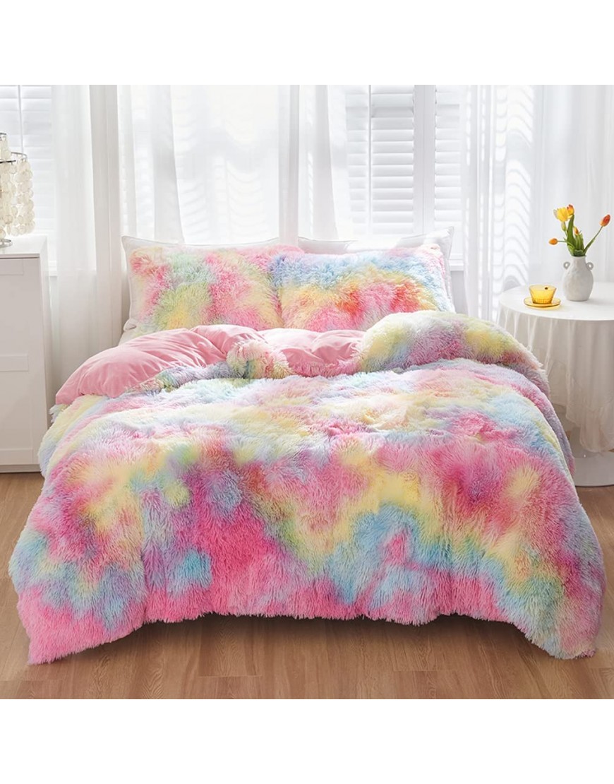 SUCSES Pink Plush Shaggy Duvet Cover Twin Size Rainbow Tie Dye Faux Fur Bedding Set for Teens Girls Super Soft Fluffy Fuzzy Ombre Comforter Cover Set Pastel Pink Twin Size - B61OMZX02