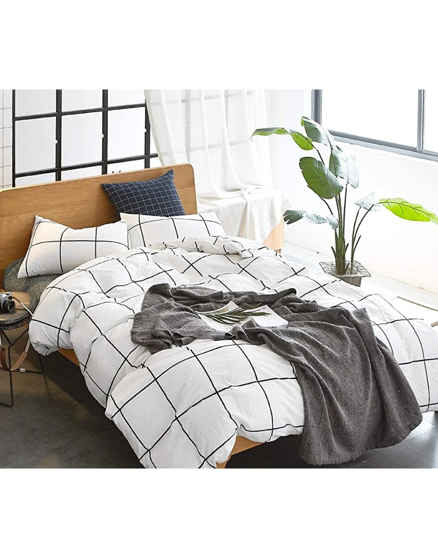 Wellboo White Grid Duvet Cover Cotton Plaid Checkered Bedding Cover Sets Queen Full Adult Women Men Large Plaid Comforter Covers Modern Black and White Geometric Quilts Cover Soft Health No Insert - BFQEXS1DS