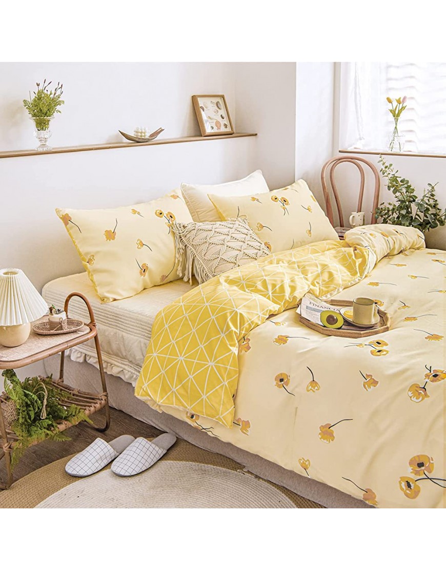 Yellow Flowers Bedding Luxury Floral Duvet Cover Set Lucky Clover and Yellow Plaid Reversible Design Yellow Floral Bedding Sets Queen 1 Duvet Cover 2 Pillowcases Queen Yellow - B12CWBYG8