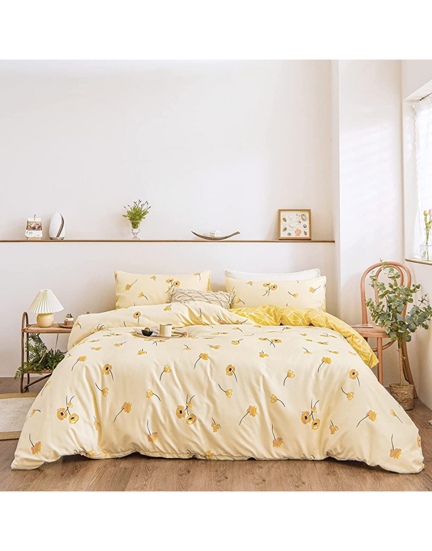 Yellow Flowers Bedding Luxury Floral Duvet Cover Set Lucky Clover and Yellow Plaid Reversible Design Yellow Floral Bedding Sets Queen 1 Duvet Cover 2 Pillowcases Queen Yellow - B12CWBYG8
