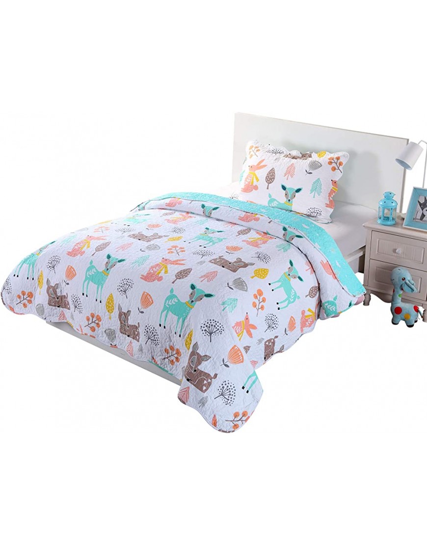 100% Cotton 2 Piece Kids Quilt Bedspread Comforter Set Throw Blanket for Teens Boys Girls Kids Beds Bedding Coverlet Teal Blue Forest Deer Twin - BQU6L7JBO