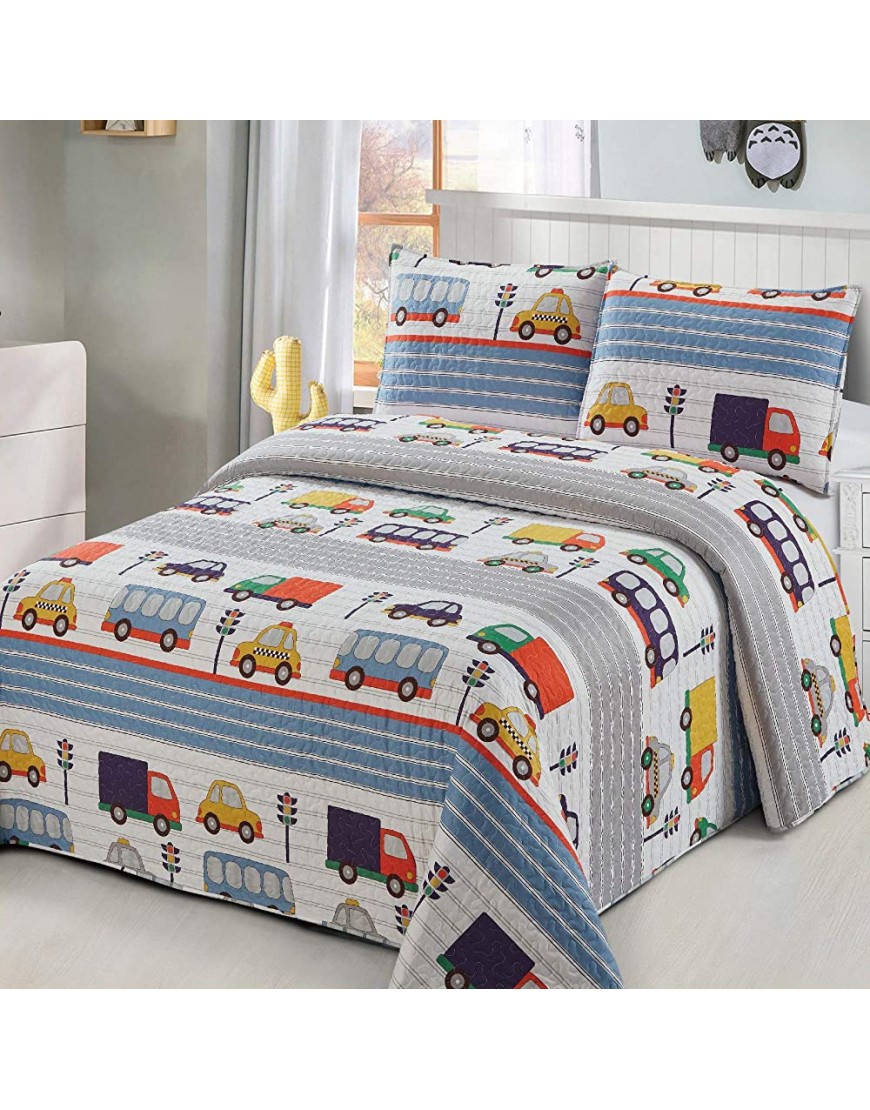 2 pc Twin Size Quilt Bedspread Kids Teens Boys Transportaions Cars Trucks Bus Traffic Lights City Streets Taxi White Blue Grey Yellow Multicolor Bedding New - B2K510W5C