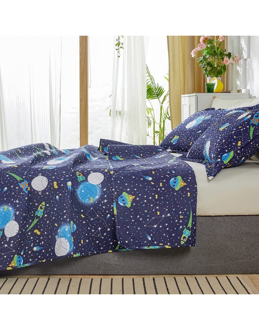 3 Pcs Lightweight Space Quilts Full Queen Size Kids Moon Star Galaxy Bedding Spaceship UFO Boys Bedspread Summer Constellation Coverlet Bed Cover Set for Teens - BCU0HZK7L