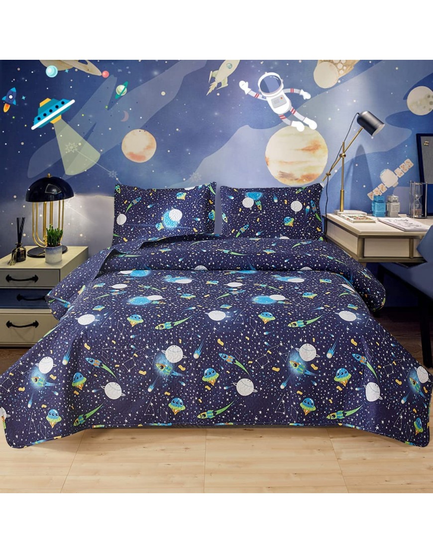 3 Pcs Lightweight Space Quilts Full Queen Size Kids Moon Star Galaxy Bedding Spaceship UFO Boys Bedspread Summer Constellation Coverlet Bed Cover Set for Teens - B9C9SICAV
