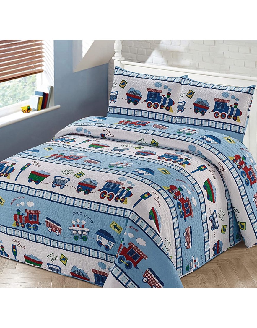 Better Home Style Red White and Blue Choo Choo Train Railroad Tracks Kids Boys Toddler Coverlet Bedspread Quilt Set with Pillowcases # Train Twin - BPP6YU6K3