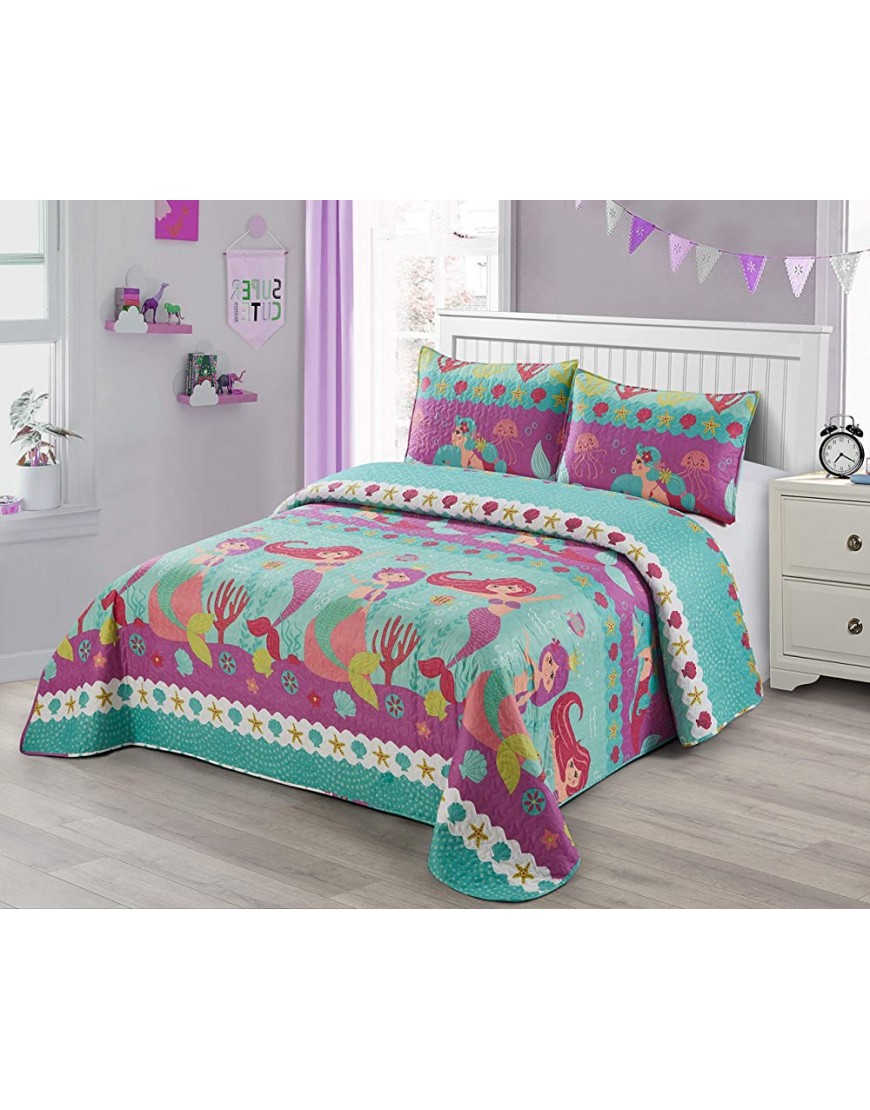 Better Home Style Under The Sea Life Mermaid with Fish Seashell & Starfish Design Kids Girls Teens 3 Piece Coverlet Bedspread Quilt Set with Pillowcases # Riding Mermaid Queen Full - BB0YV17DU