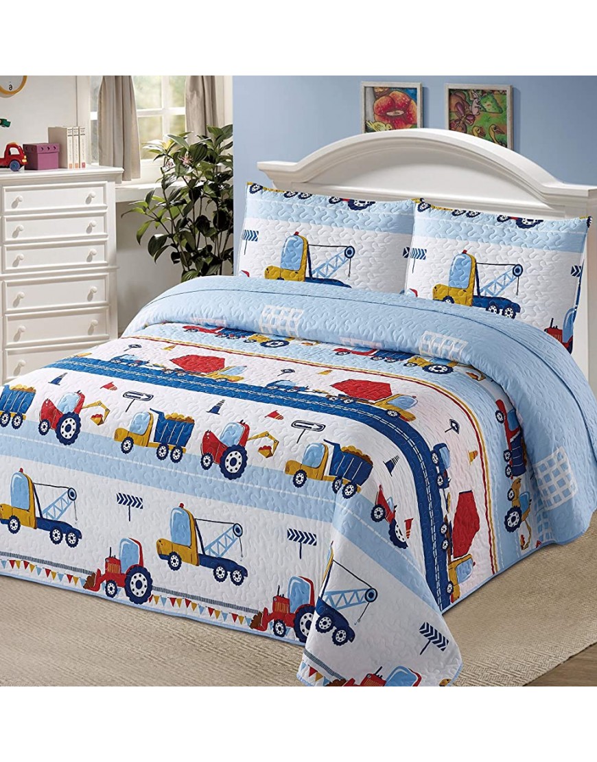 Better Home Style White Blue Red Construction Site Kids Boys Toddler Coverlet Bedspread Quilt Set with Pillowcases and Tractor Dump Truck Cement Mixer and Excavator # Con Site Queen Full - BWOSKWFH1