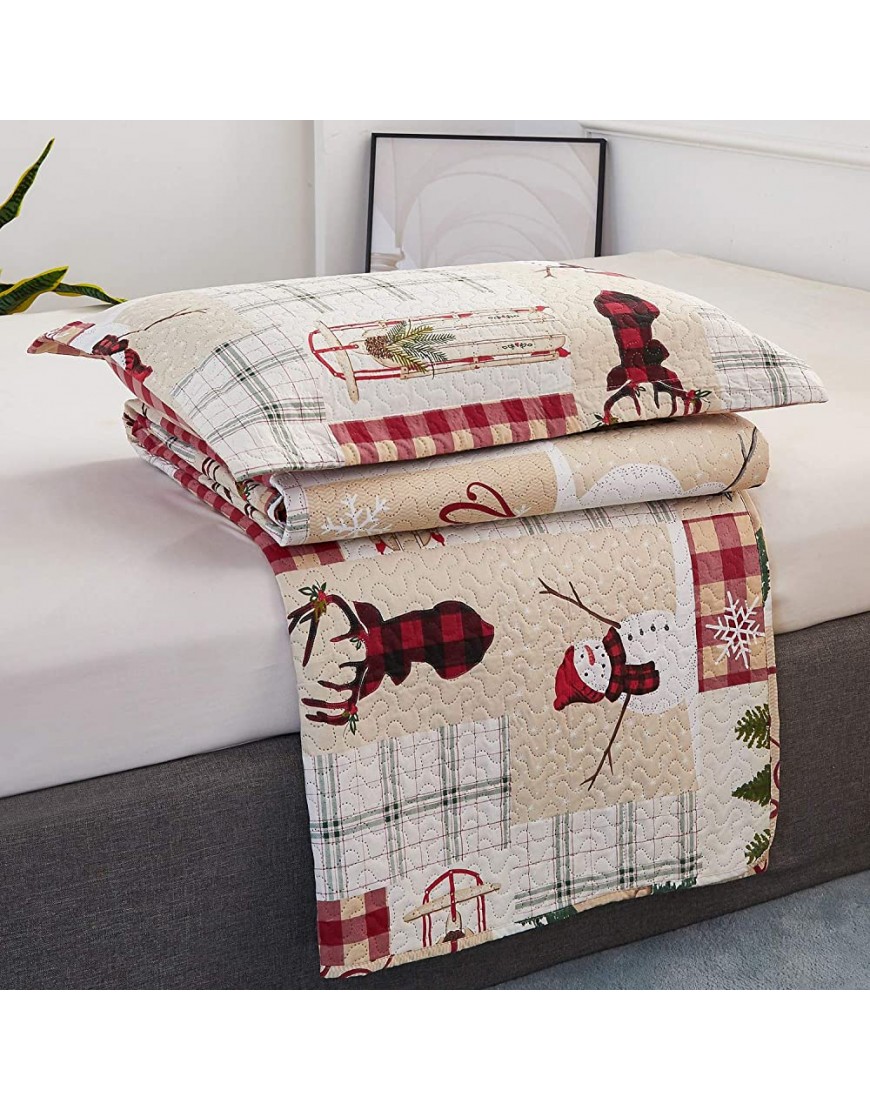 Christmas Quilt Set King Size Red Green Xmas Plaid Patchwork Bedding Lightweight Bedspread Coverlet Snowman Holiday Bed Sheet Gift for Kids Girls Adults,1 Quilt,2 Pillow Shams Beige - BZ4890HM9