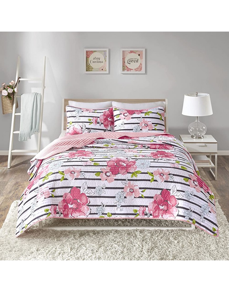 Comfort Spaces Quilt Set Novelty Design All Season Lightweight Coverlet Bedding Bedspread Kids Teens Girls Bedroom Decor Zoe Flower Pink Twin Twin XL 2 Piece - BI2GE2SDW