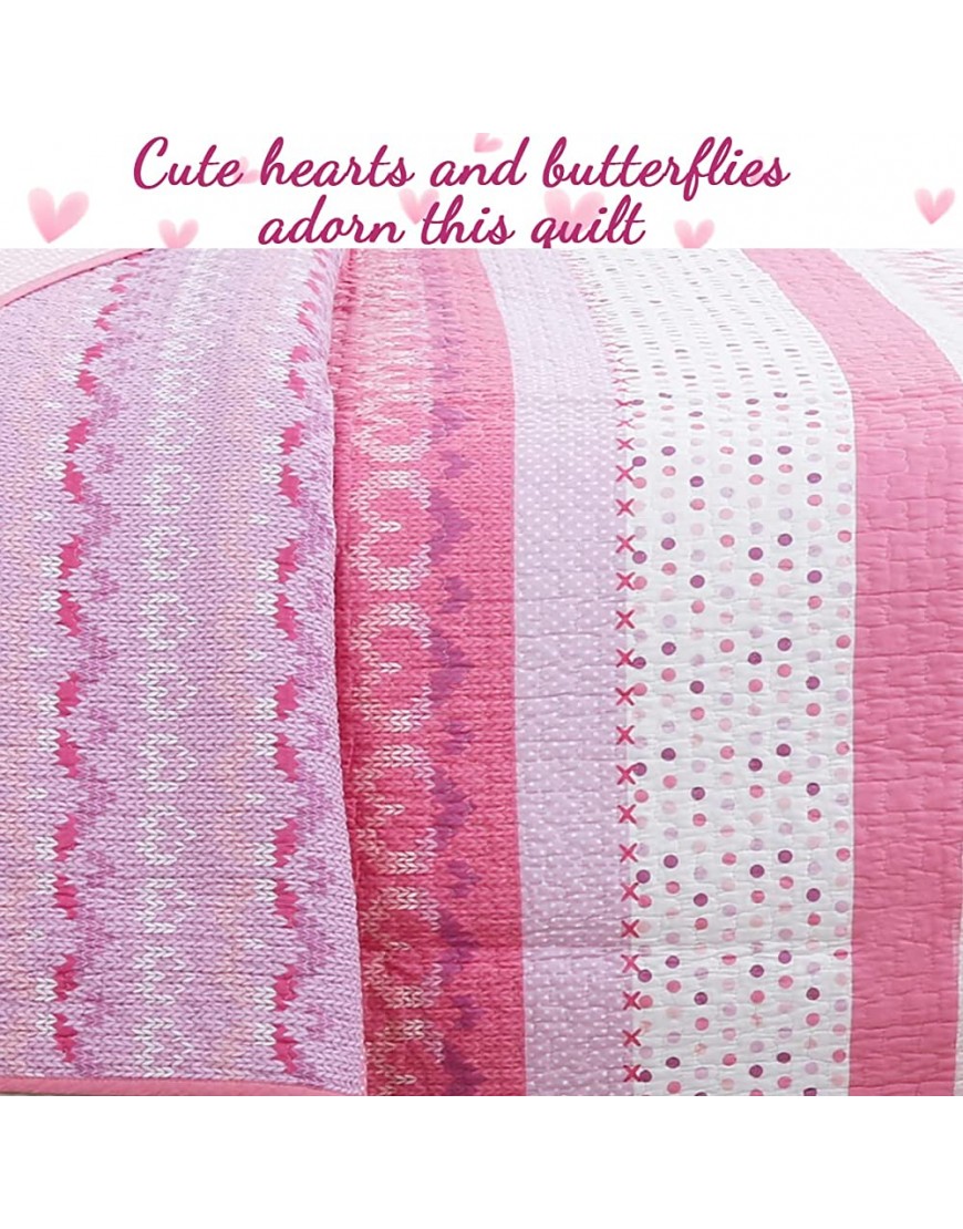 Cozy Line Home Fashions Cute Butterfly Stripe Hearts 100% Cotton Soft Bedding Quilt Set-Bedspreads-for Girl Toddler Pink Butterfly Twin 2 Piece - B0SAW5G1B