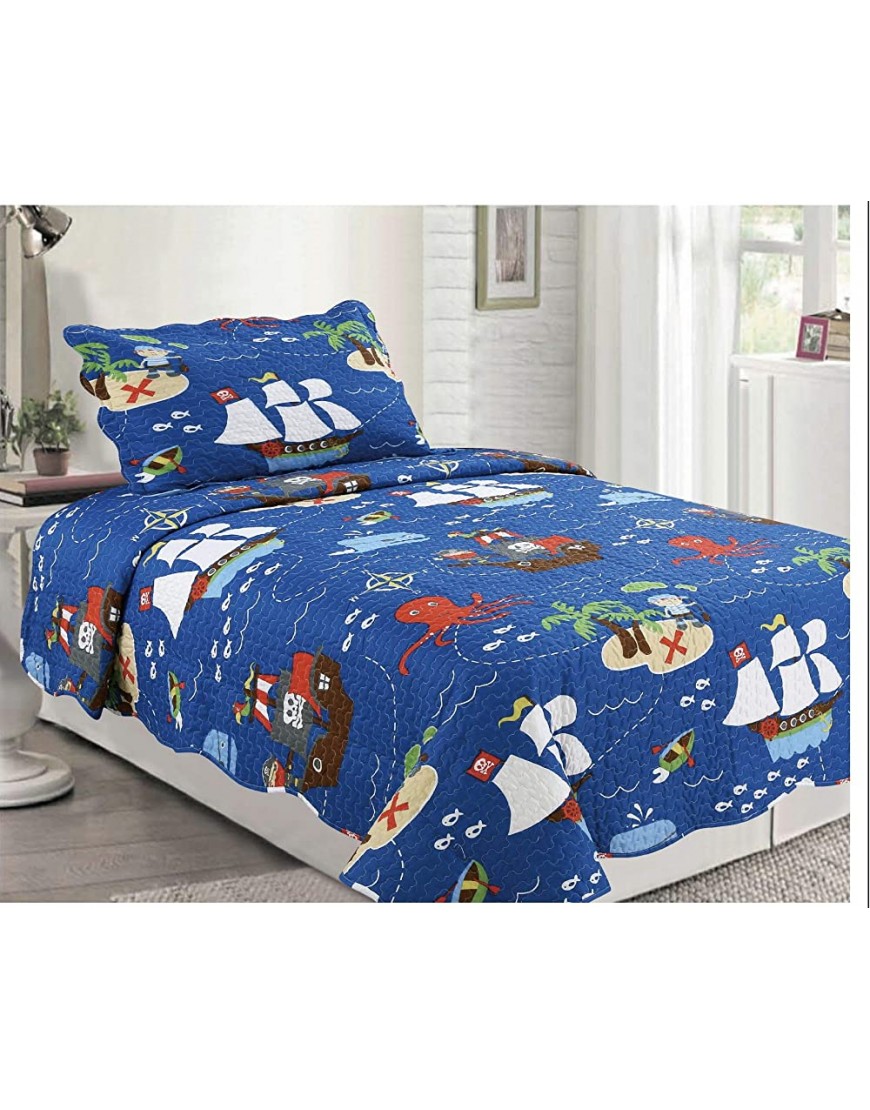 Elegant Home Multicolor Pirates Ships Ocean Sea Themed Design Style 2 Piece Coverlet Bedspread Quilt for Kids Teens Boys Twin Size # Pirate - BKMWZ1NL7