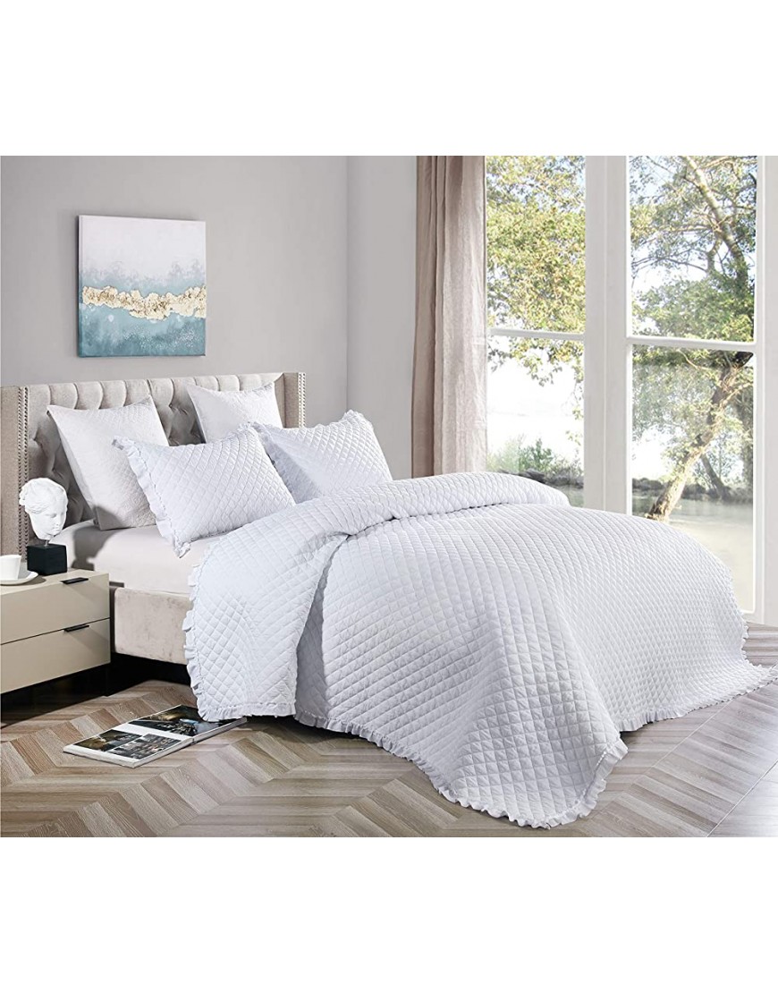 Figuran Quilt Set 3 Pieces Full Queen Size Diamond Stitched Pattern Bedspread Soft Bedding Microfiber Lightweight Coverlet for All Season with 1 Quilt & 2 Shams 88x88 inches White - B44YW0EV9