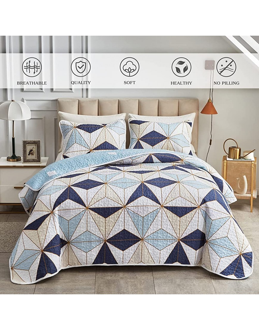 FlySheep 2-Piece Quilt Set Twin Size for Kids Modern Colorful Geometric Patchwork Style Bedspread Coverlet Navy Blue n Beige Triangles on White Brushed Microfiber for All Season - B8631Q0RP