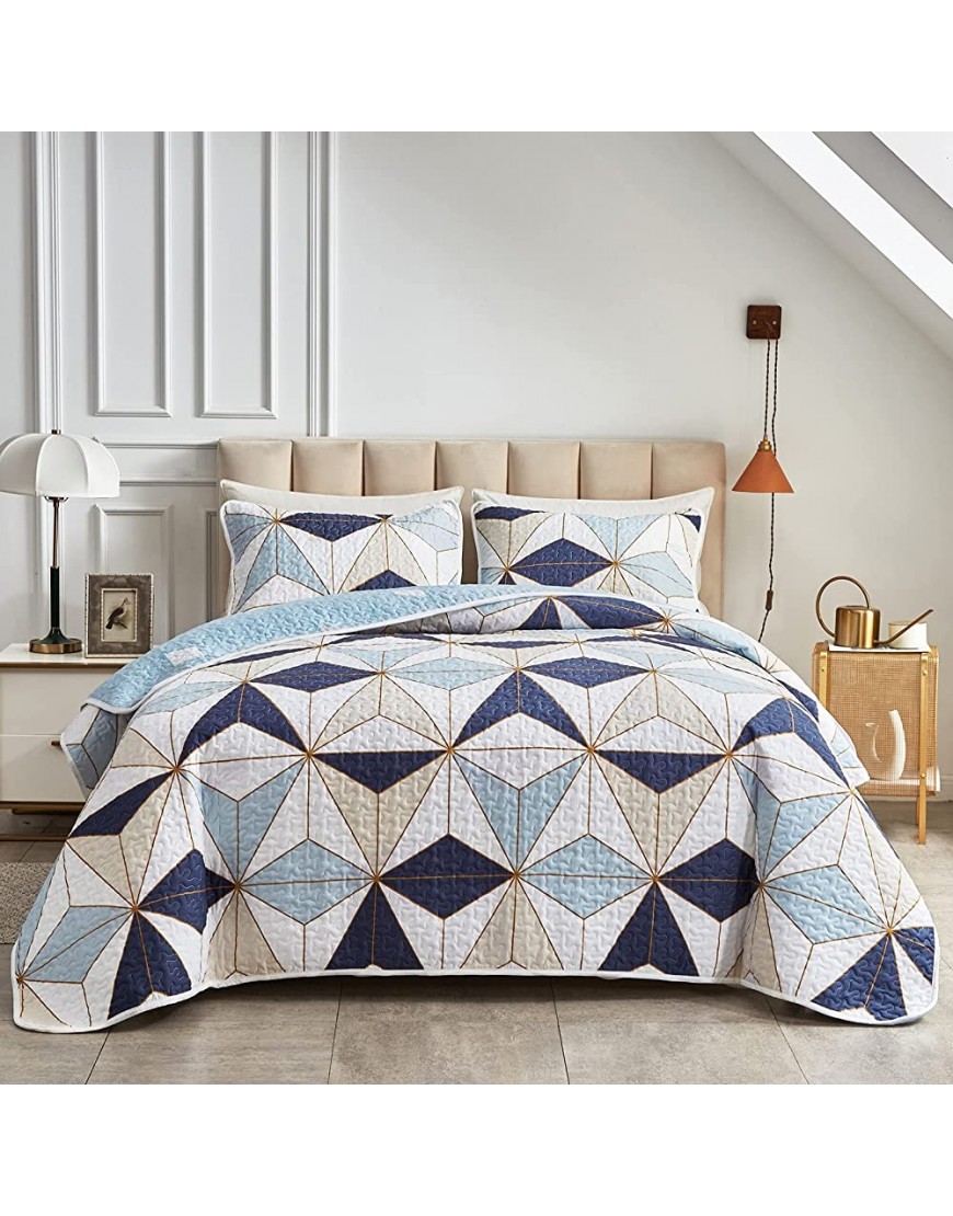 FlySheep 2-Piece Quilt Set Twin Size for Kids Modern Colorful Geometric Patchwork Style Bedspread Coverlet Navy Blue n Beige Triangles on White Brushed Microfiber for All Season - B8631Q0RP