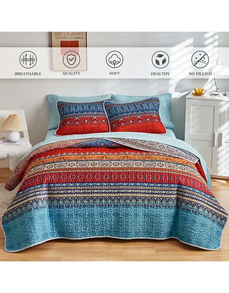 FlySheep 3-Piece Boho Colorful Full Queen Quilt Set for Women Bohemian Floral Blue n Red Striped Lightweight Bedspread Coverlet Brushed Microfiber for All Season 92x90 inches - BCWDURUZ4