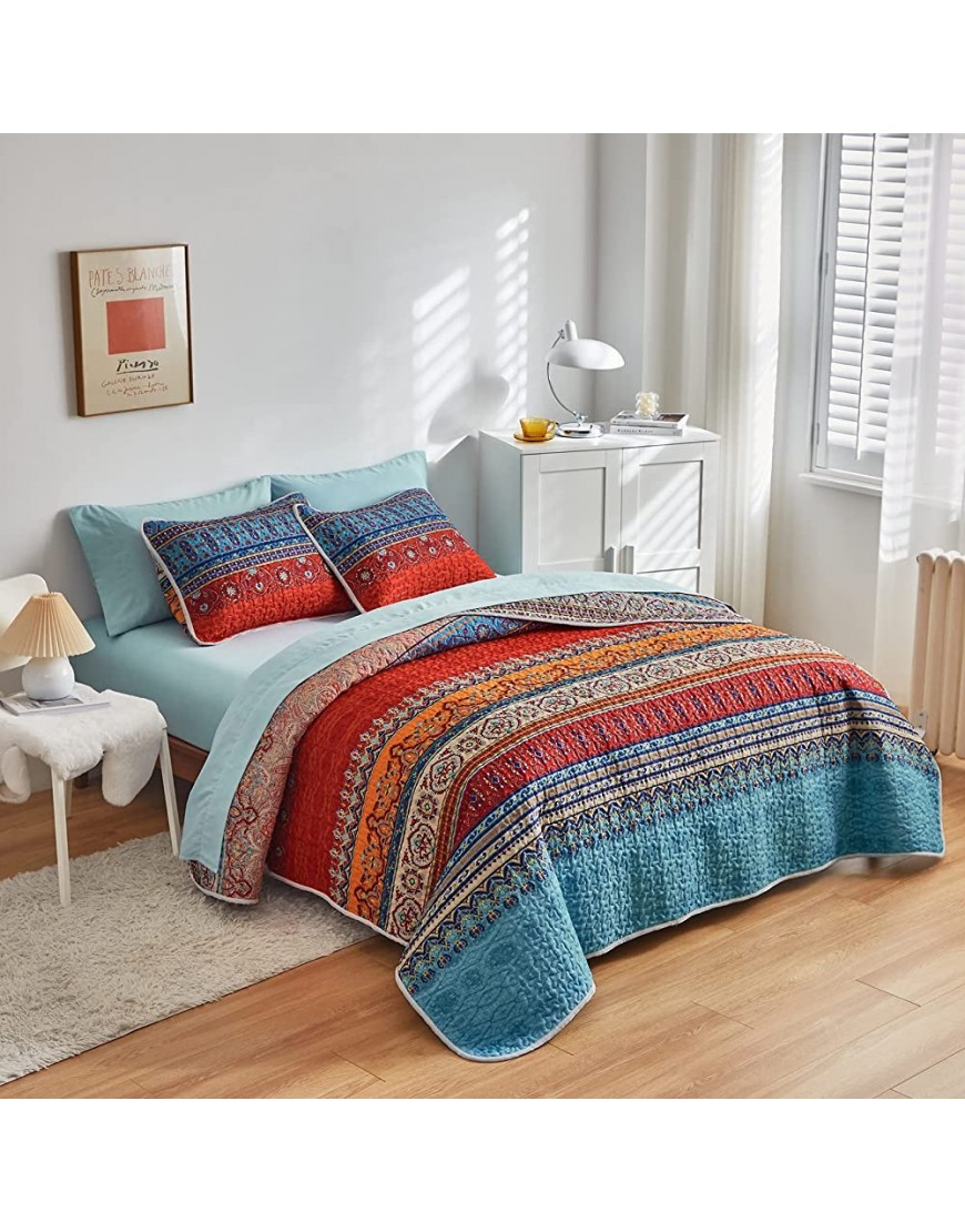 FlySheep 3-Piece Boho Colorful Full Queen Quilt Set for Women Bohemian Floral Blue n Red Striped Lightweight Bedspread Coverlet Brushed Microfiber for All Season 92x90 inches - BCWDURUZ4