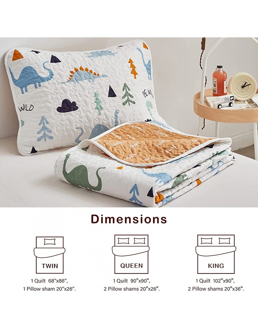 Joyreap 3-Piece Cotton Quilt Set Full Queen Cute Dinosaur Reversible Design for Kids Boys n Girls Breathable Quilt Bedspread Bed Cover for All Season 1 Quilt and 2 Pillow Shams- 90x90 inches - BWFTSIR7F