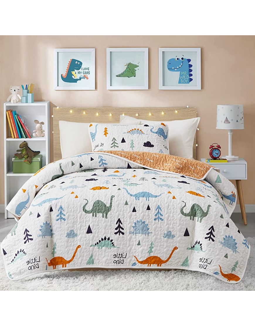 Joyreap 3-Piece Cotton Quilt Set Full Queen Cute Dinosaur Reversible Design for Kids Boys n Girls Breathable Quilt Bedspread Bed Cover for All Season 1 Quilt and 2 Pillow Shams- 90x90 inches - BWFTSIR7F