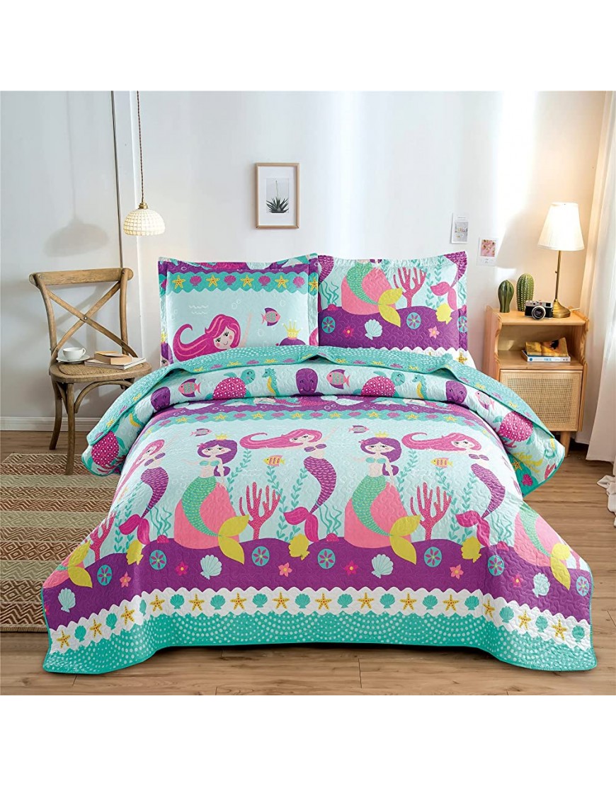 Kids Mermaid Quilt Set 3 Pieces Reversible Bedspread Set Lightweight All Season Kids Bedding Seahorse Turtle Octopus Starfish Shell Coral Printed Coverlet Matching Shams Queen Full Size - BZV0OCOV7
