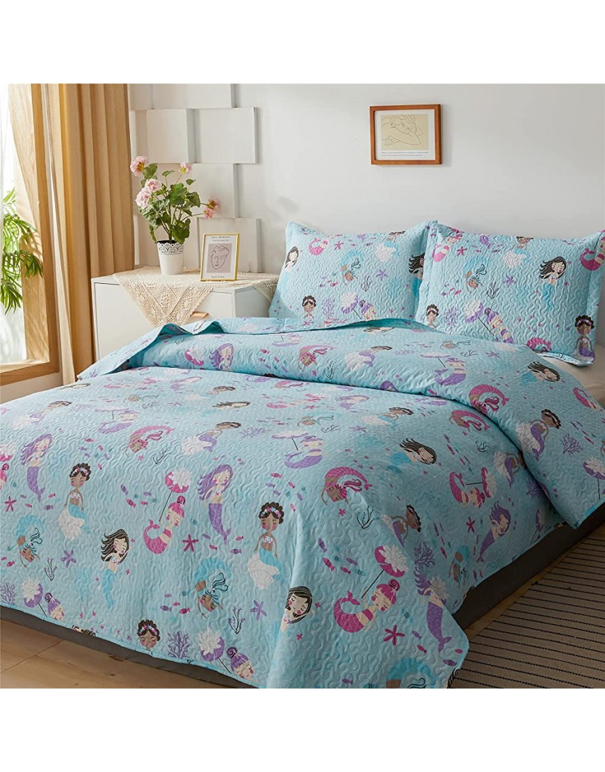 Kids Mermaid Quilt Set Twin Size 3 Pieces Reversible Blue Beach Themed Bedspread Coverlet Set Lightweight All Season Breathable Bedding Set Includes 1 Quilt 2 Shams - B6D799W6C