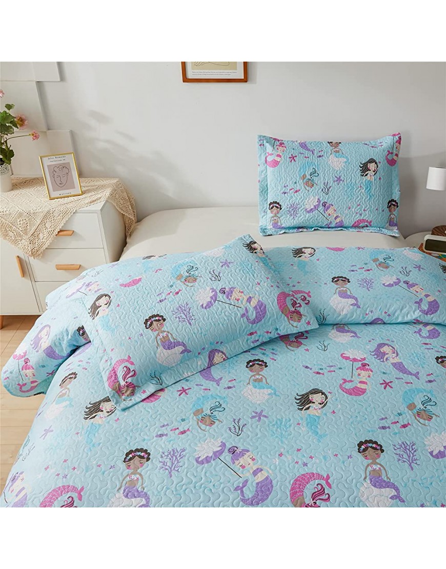 Kids Mermaid Quilt Set Twin Size 3 Pieces Reversible Blue Beach Themed Bedspread Coverlet Set Lightweight All Season Breathable Bedding Set Includes 1 Quilt 2 Shams - B6D799W6C