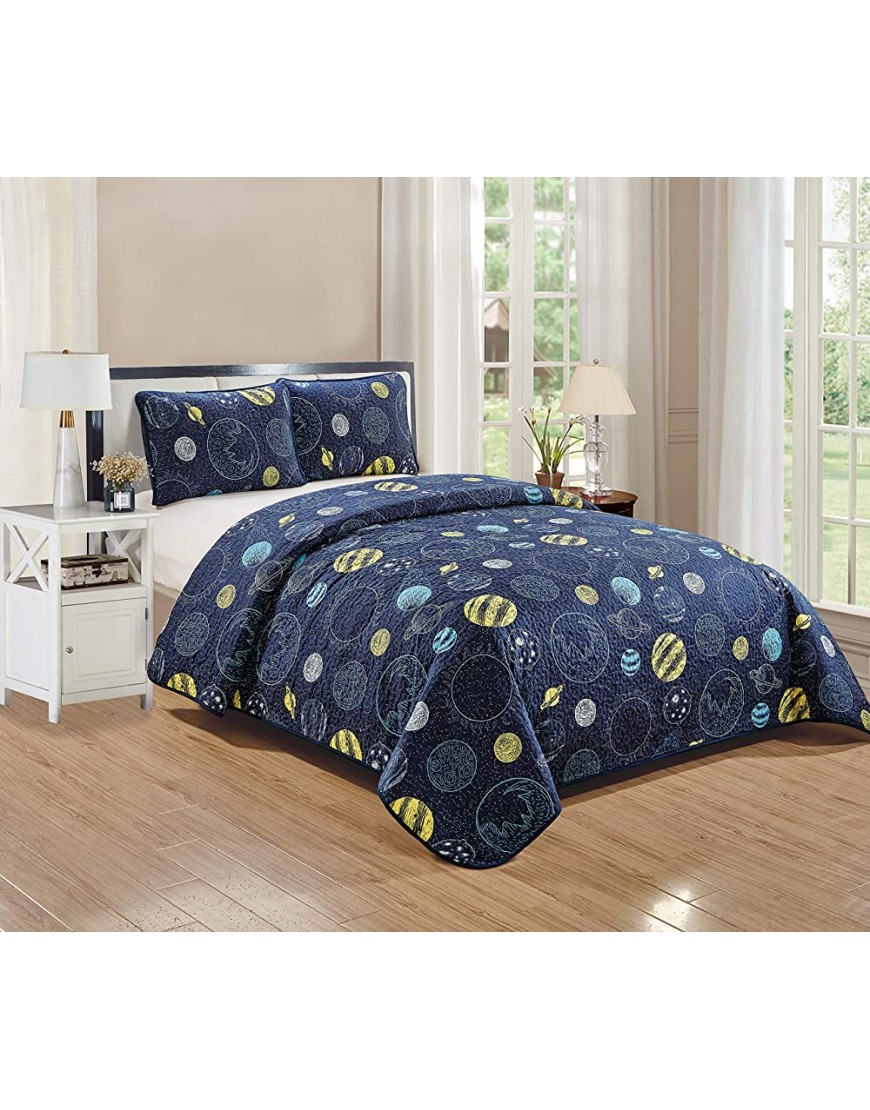 Kids Zone Home Collection Quilted Bedspread Universe Galaxy Solar System Navy Blue Yellow Blue for Boys Teen New # Little Galaxy Twin - BY1UQ6TY9