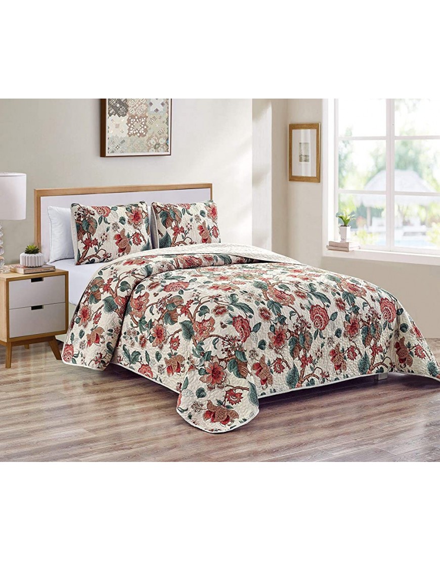 Kids Zone Home Linen 3 Piece King Cal King Over Size Bedspread Set Floral Design Red Brown Green Branches Leaves - B6GKAP7PF