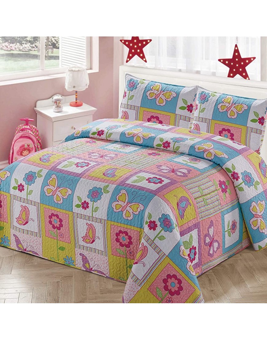 Kids Zone Home Linen Bedspread Coverlet Quilt Set for Girls Patchwork Butterfly Flowers White Purple Blue Green Pink Full Queen - BOKC8K8W7