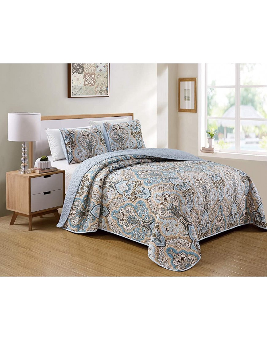 Kids Zone Home Linen Bedspread Set Damask Pattern Light Blue White Beige and Brown New Twin Twin Extra Long - B3YM3UEX1