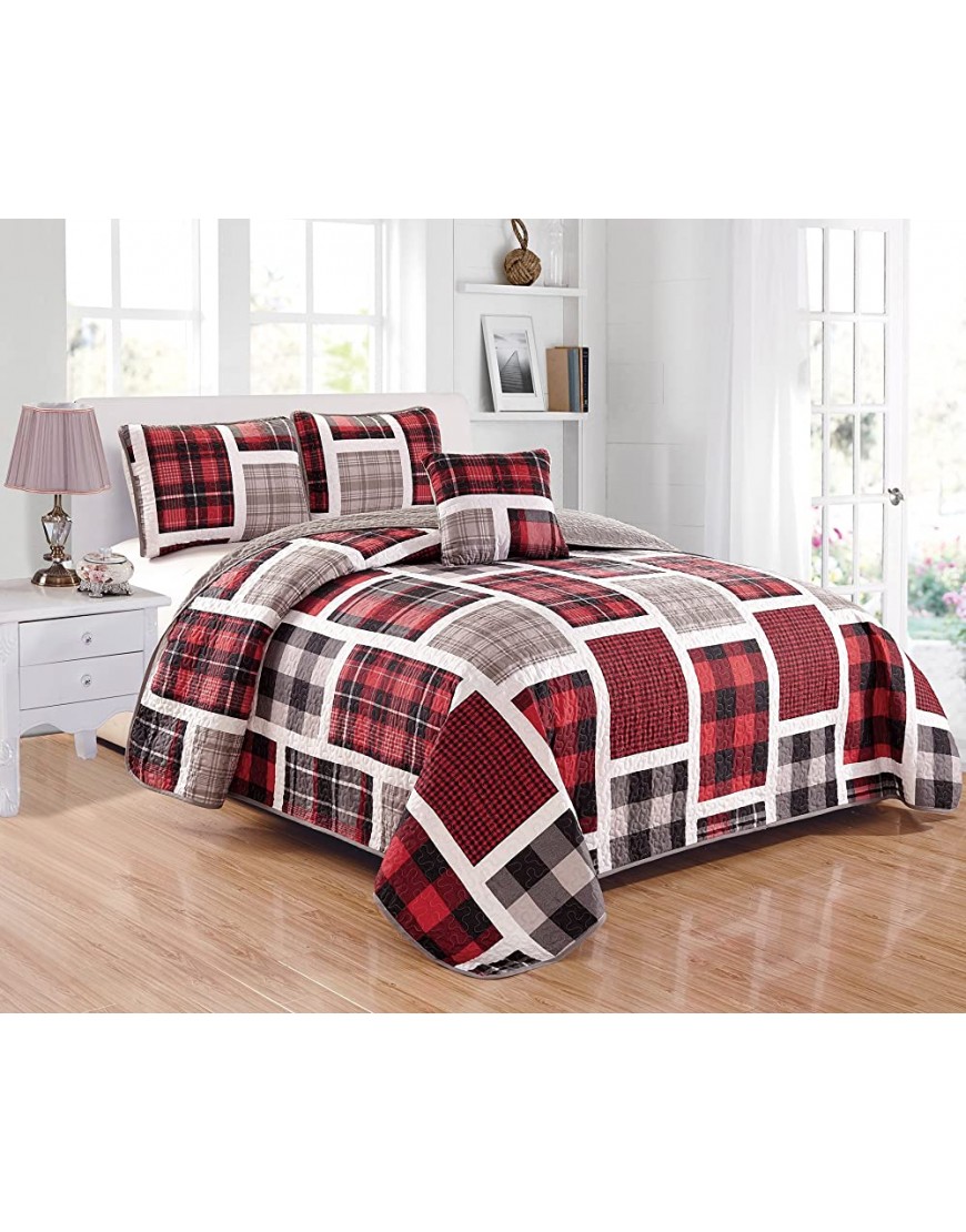 Linen Plus Quilted Bedspread Set for Teen Boys Patchwork Plaid Red Grey Black White New Twin - B93SCSS1C