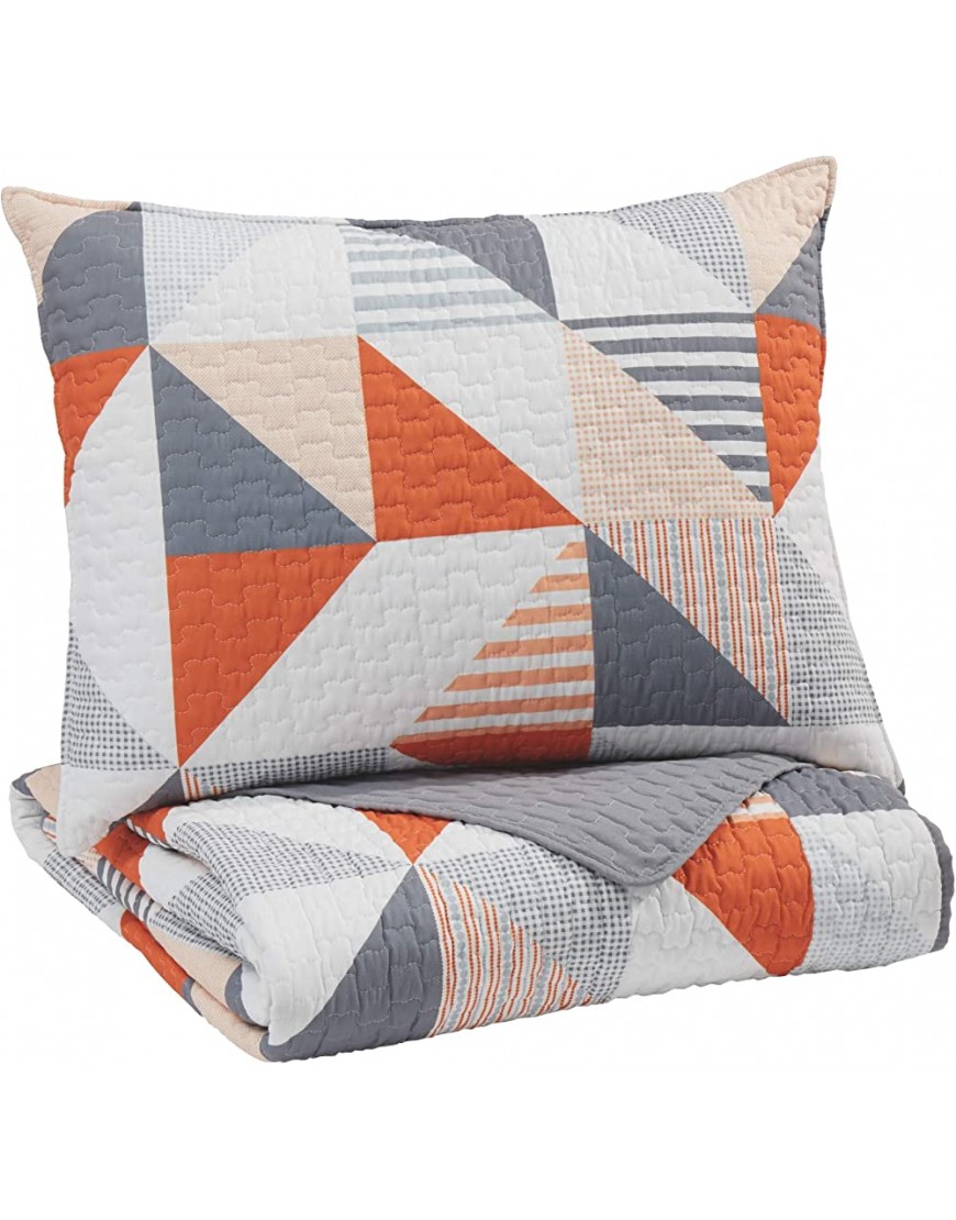 Signature Design by Ashley Layne Contemporary Geometric Design Reversible Twin Coverlet with One Pillow Sham Set Gray White Orange - BBVVPJIBP