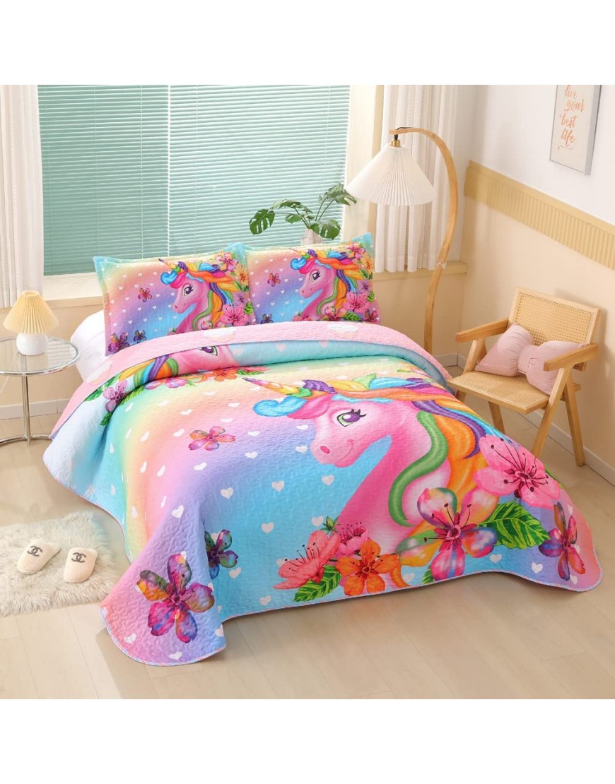 Unicorn Bedding Set Soft Microfiber Unicorn Rainbow Quilt Set for Boys Girls Bedroom Decoration Unicorn Bed Set Digital Print with 2 Pillowcases and 1 QuiltQueen Pink - BAXRN64JY