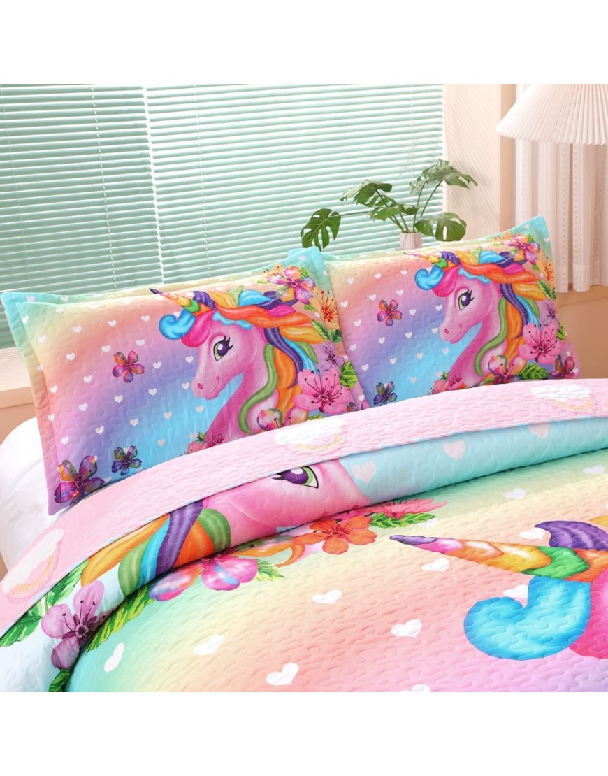 Unicorn Bedding Set Soft Microfiber Unicorn Rainbow Quilt Set for Boys Girls Bedroom Decoration Unicorn Bed Set Digital Print with 2 Pillowcases and 1 QuiltQueen Pink - B85R6SWJZ