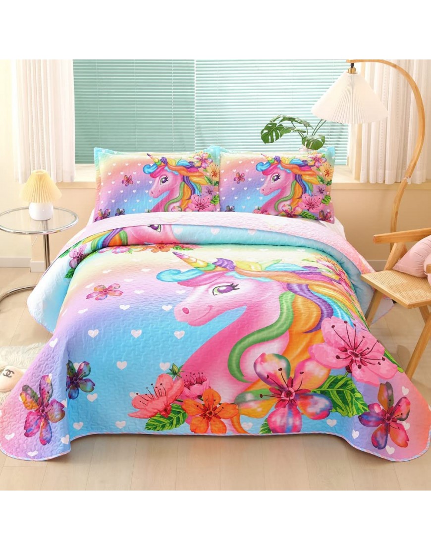 Unicorn Bedding Set Soft Microfiber Unicorn Rainbow Quilt Set for Boys Girls Bedroom Decoration Unicorn Bed Set Digital Print with 2 Pillowcases and 1 QuiltQueen Pink - B85R6SWJZ