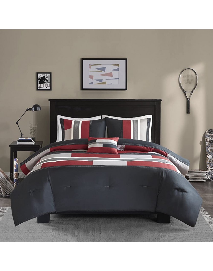 Comfort Spaces All Season Cozy Comforter Set Modern Casual Bedding Set Active Lifestyle Boys Bedroom Décor Pierre Black Red Stripe Queen 4 Piece - B4EOTYQ1I