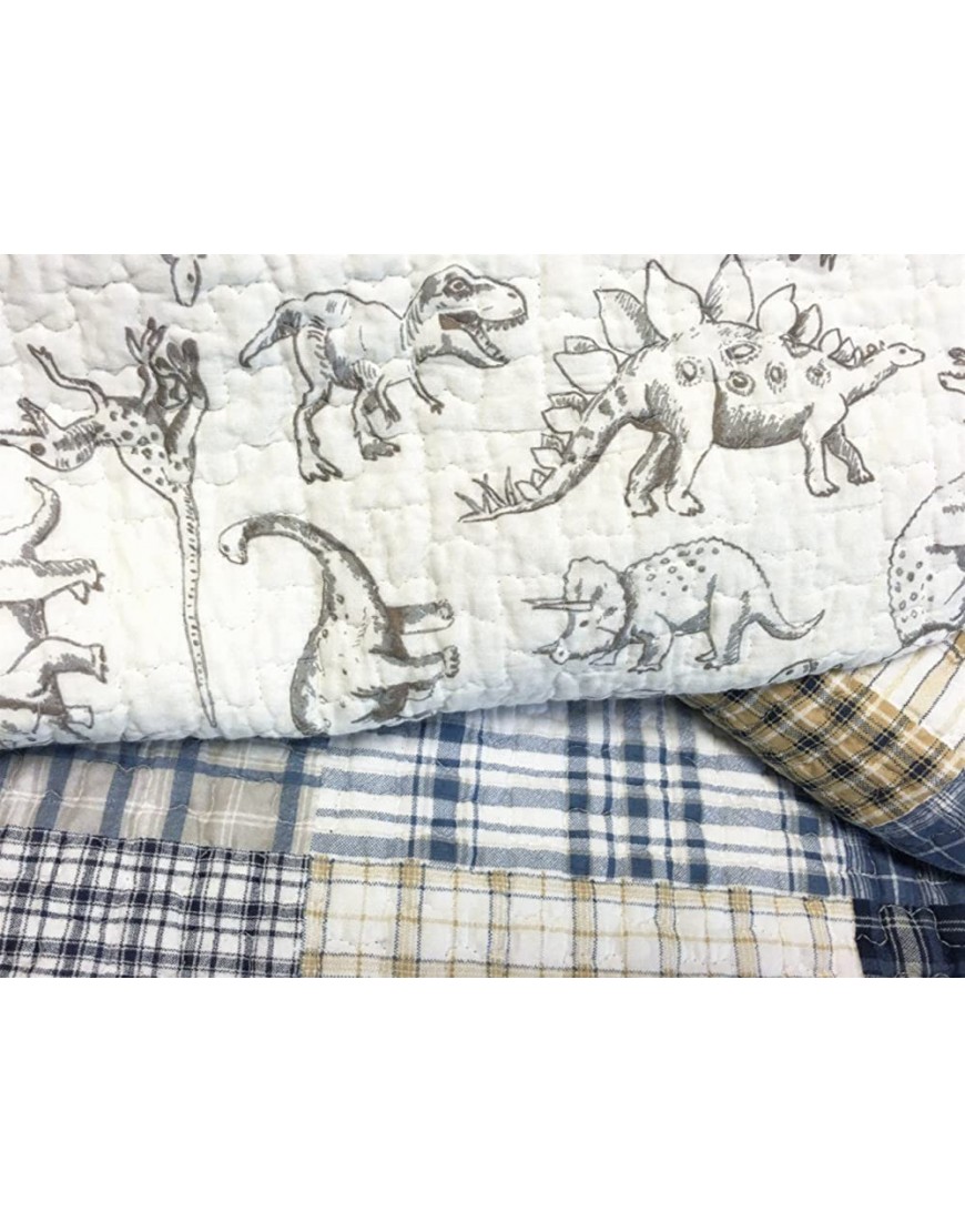 Cozy Line Home Fashions Benjamin Cute Dinosaur Plaid Printed Pattern Navy Blue White Grey Bedding Quilt Set 100% Cotton Reversible Coverlet Bedspread Set for Kids BoyTwin 2 Piece - BYO6L6U8A