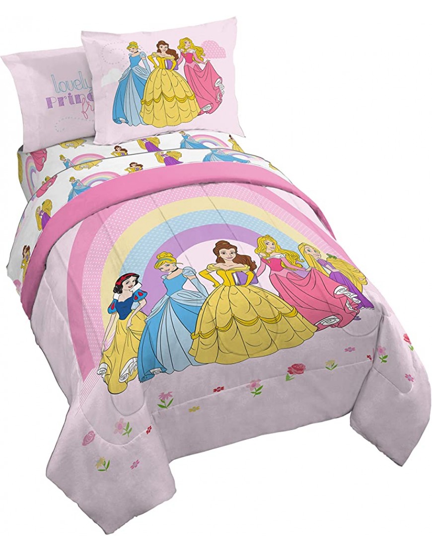 Disney Princess Rainbow 5 Piece Twin Bed Set Includes Comforter & Sheet Set Bedding Features Aurora Belle & Cinderella Super Soft Fade Resistant Microfiber Official Disney Product - B4UZSY1CK